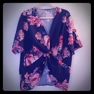 Floral Twist Knot Hi-Lo Blouse